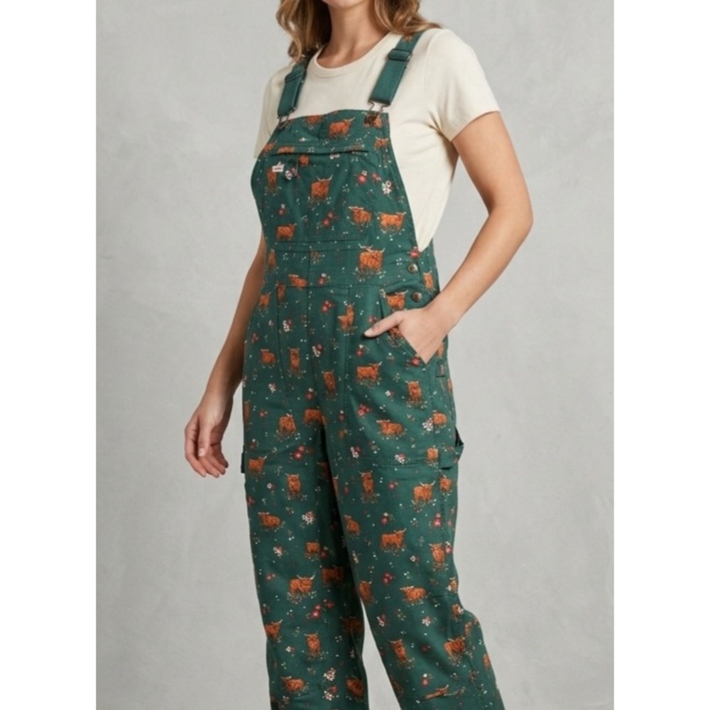 Duluth Highland Cow Floral Ripstop Heirloom Gardening Overalls Green M x 29